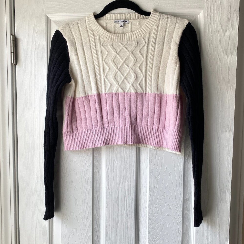 Fashion Nova | Pink Black & Cream Cropped Sweater - Picture 2 of 5